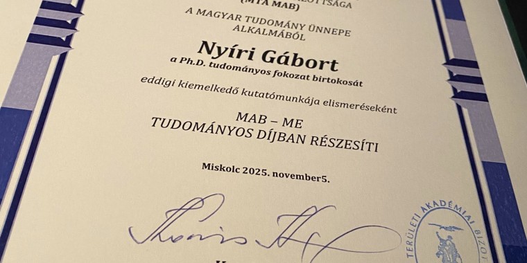 A "Magyar Tudomány Ünnepe" alkalmából MAB-ME Díjban részesült karunk munkatársa